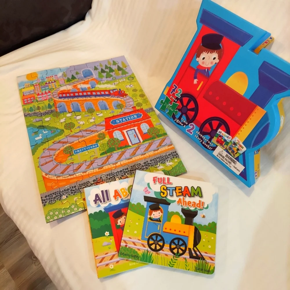 72 piece train puzzle With 2 Books And Sturdy Train Storage Box
